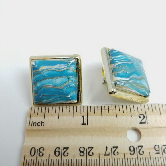 Vintage Blue Marbled Design Square Stud Earrings, Retro 80s Style, Estate - Picture 4 of 6